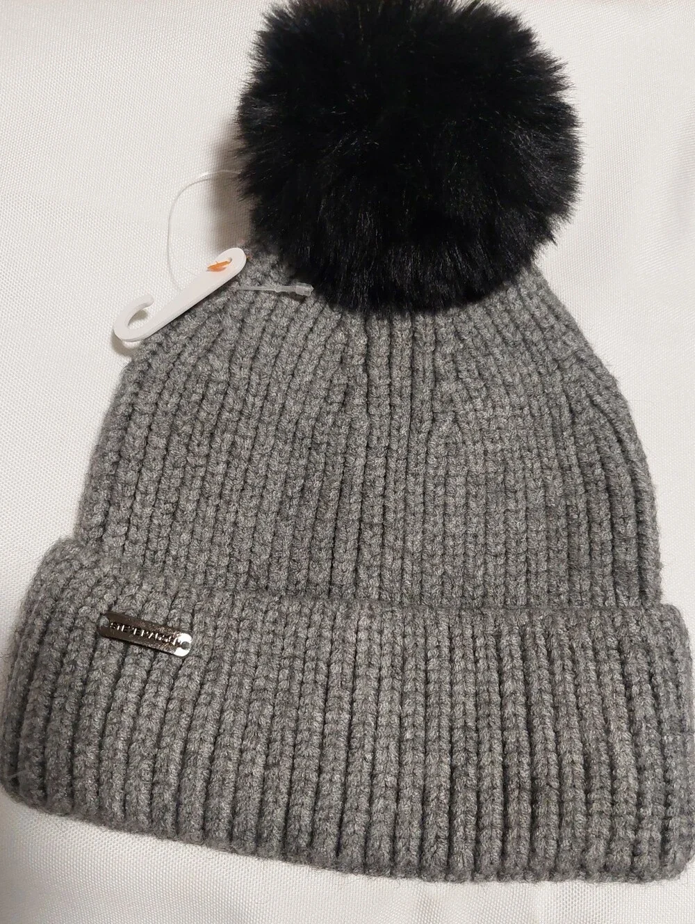 Gray Ribbed Knit Beanie with Black Faux Fur Pom - Picture 1 of 3